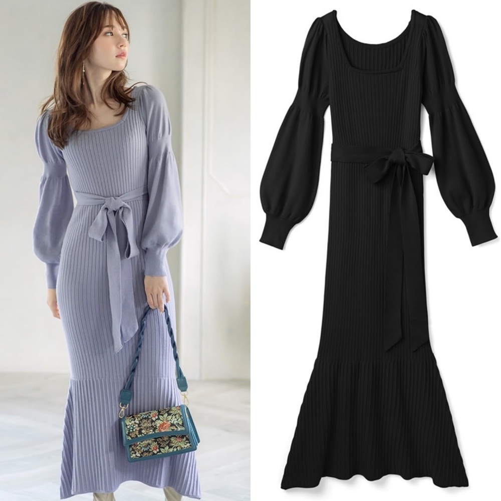 Black knit sweater mermaid puff sleeve dress GRL Japan size S